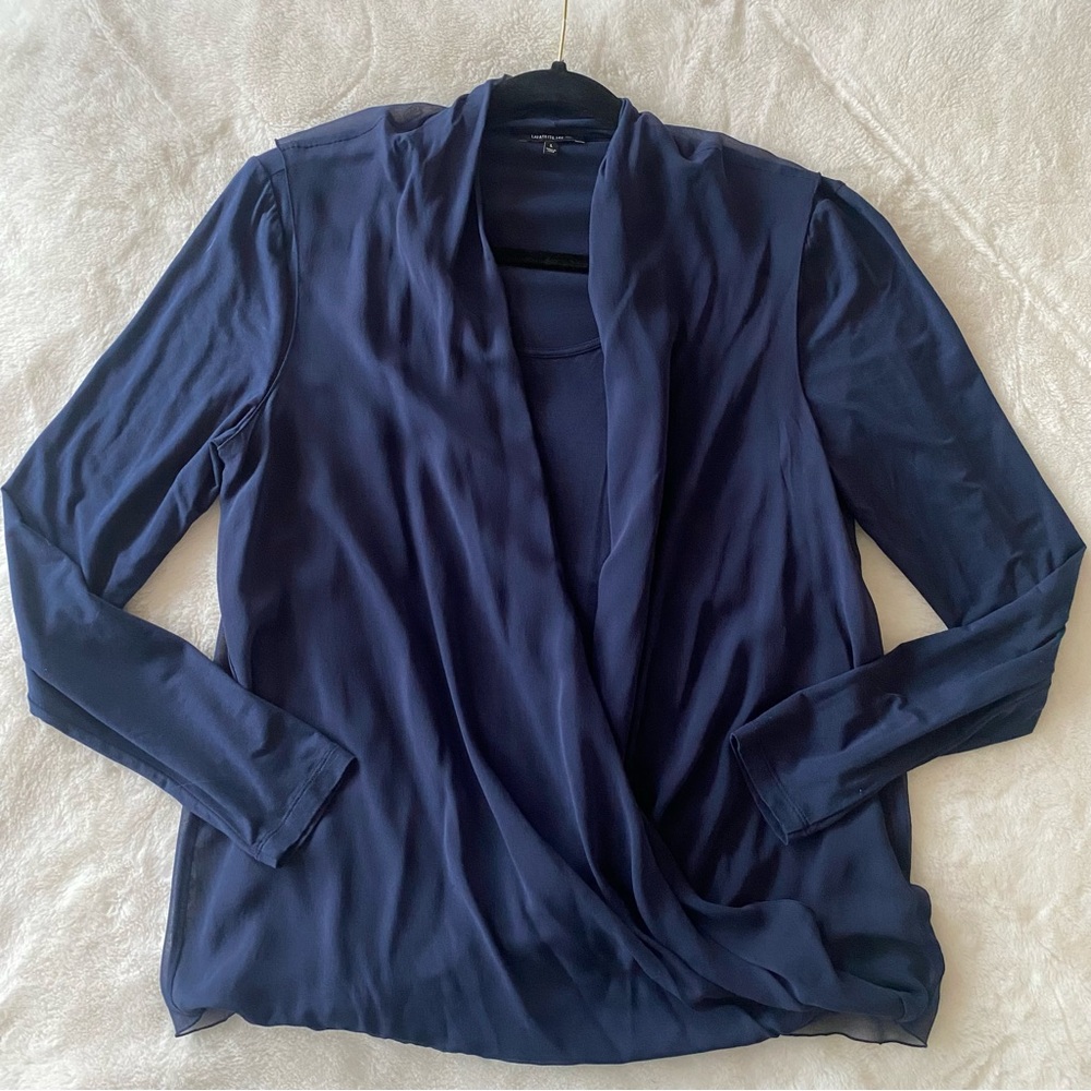 Lafayette 148 navy blue long sleeve layered drape front silk blouse / top sz L
